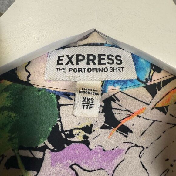 Express Portofino Womens XXS Button Front Shirt Black Multicolor Floral Outlined - Picture 2 of 6